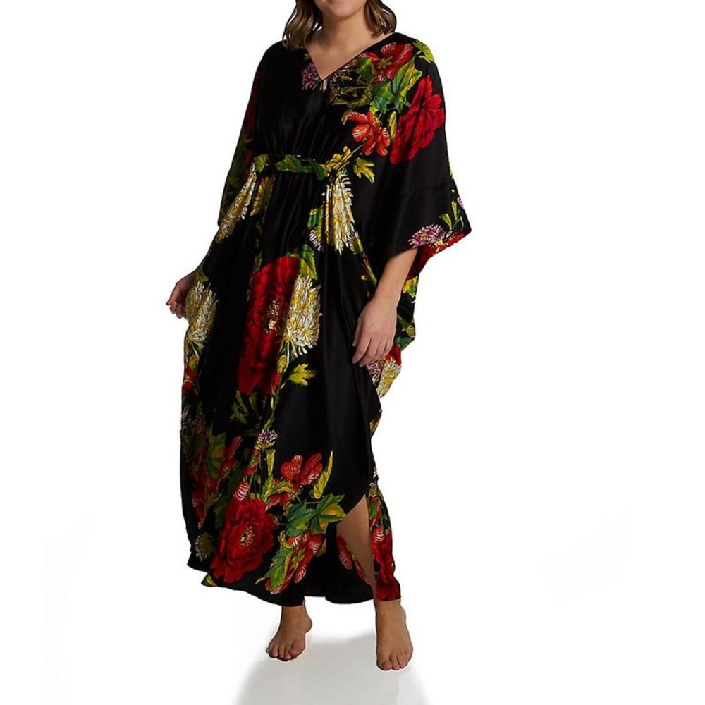 Natori Plus Size Caterina Satin Windowpane Caftan -  Black Combo  S70051X